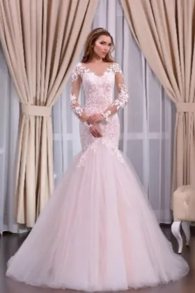 Gorgeous pink lace and tulle long sleeve trumpet floor length prom gown