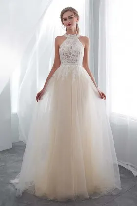 Amazing champagne lace and tulle bridal long evening dress halter neckline