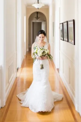 Beaded white lace scalloped V neck classic trumpet wedding dress