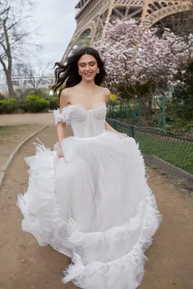 feather details white tulle sweetheart off the shoulder wedding dress
