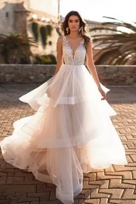 Ivory lace and tulle modern plunging V neckline outdoor wedding gown