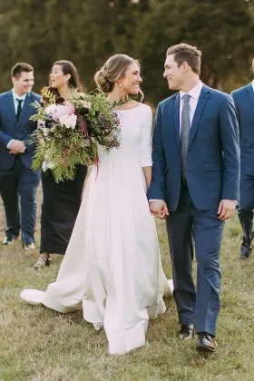 simple boat neck half sleeve jersey puffy wedding dress