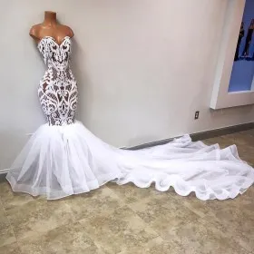 unique white lace trumpet long train bridal dress