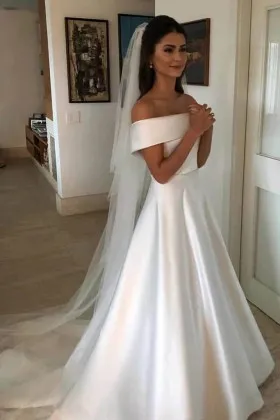 Simple ivory satin off the shoulder dream A line wedding dress with short sleeves