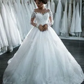 illusion sleeves lace tulle wedding ball gown