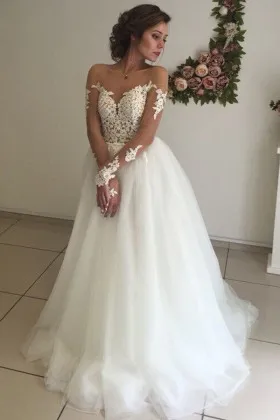 illusion lace tulle long sleeves wedding dress