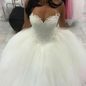 Pearled Bodice Ivory Tulle Basque Waist Princess Bridal Gown