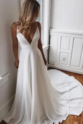 Plunging V neck ivory chiffon simple wedding dress