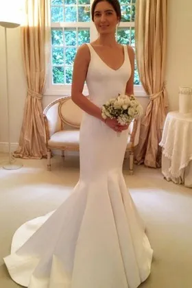 simply V neck ivory satin mermaid wedding dress