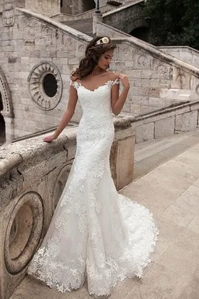 Off shoulder cap sleeve lace mermaid wedding dress