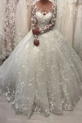 Floral lace appliqued ball gown wedding dress