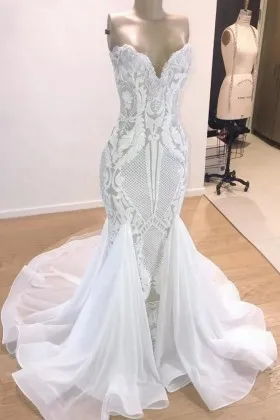 unique white lace with chiffon mermaid wedding dress