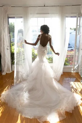 luxury open back lace wedding dress with tulle royal train