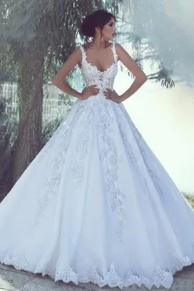 Timeless white lace satin ball gown wedding dress
