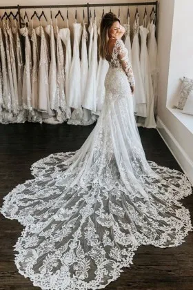 Off the shoulder long train romantic wedding dress