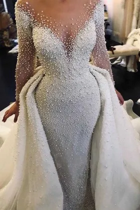 illusion pearls with overskirt luxury wedding dress