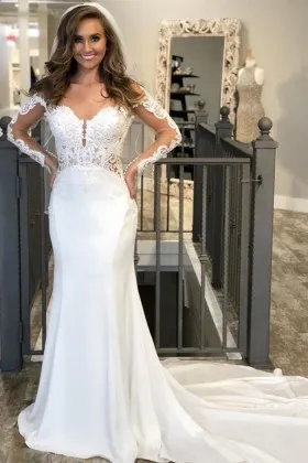 Off the shoulder illusion long sleeve lace satin wedding gown