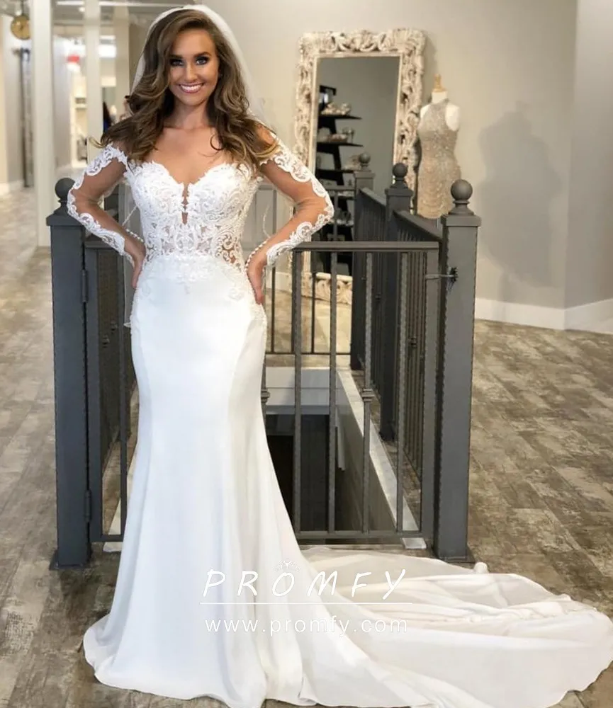 Off-the-shoulder Illusion Lace & Satin Wedding Gown - Promfy