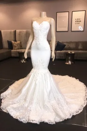 white lace and satin modern mermaid wedding dress