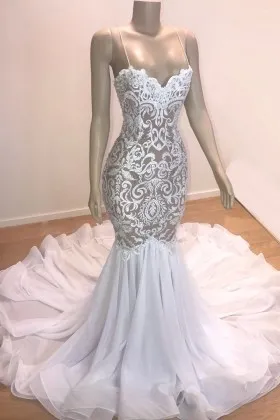 Modern nude lining with white lace mermaid wedding dress