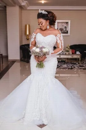 Illusion pearled off the shoulder trumpet wedding dress