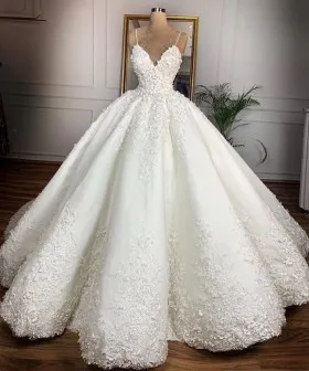 floral lace appliqued ivory satin wedding ball gown
