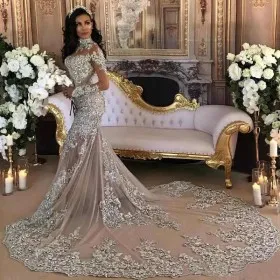 Charming beaded gray lace sheer wedding dress