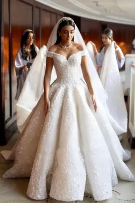Allure off the shoulder lace wedding ball gown with with Cathedral train