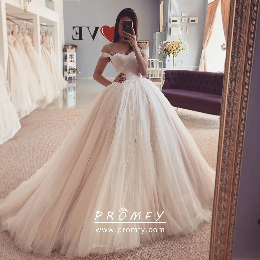 Beaded Off-the-shoulder Simple Tulle Wedding Gown - Promfy