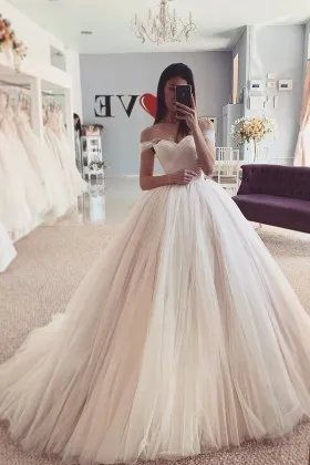 Beaded off the shoulder simple tulle wedding gown