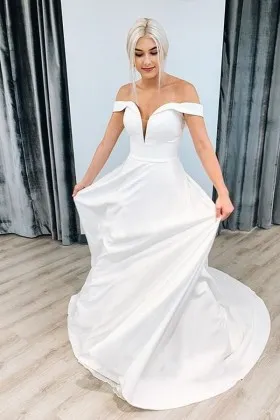 Chic off the shoulder white satin long wedding gown