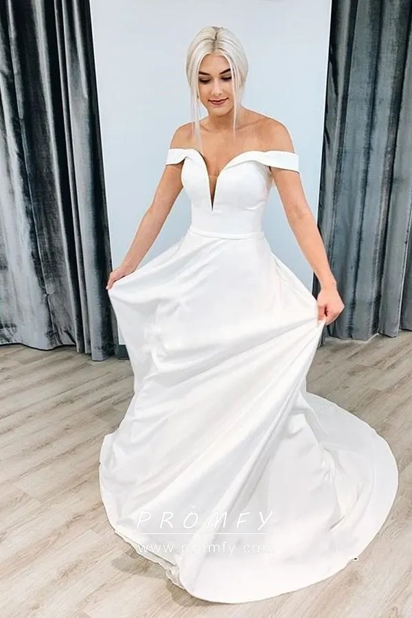 off shoulder white wedding gown