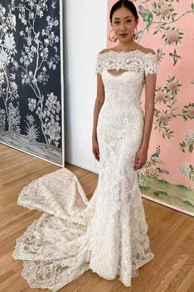 Unique ivory lace off the shoulder mermaid long wedding dress