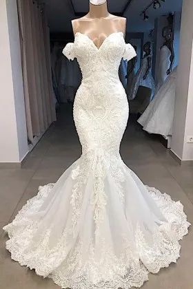 off the shoulder lace mermaid chic wedding dress