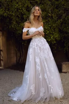 Floral lace and tulle dreamy A line boho wedding dress