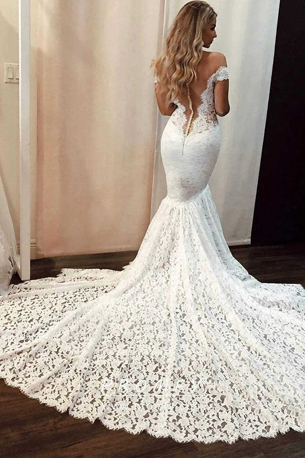 Off the Shoulder Mermaid Bridal Gown with Scalloped Lace Train Wedding  Dress – Pgmdress