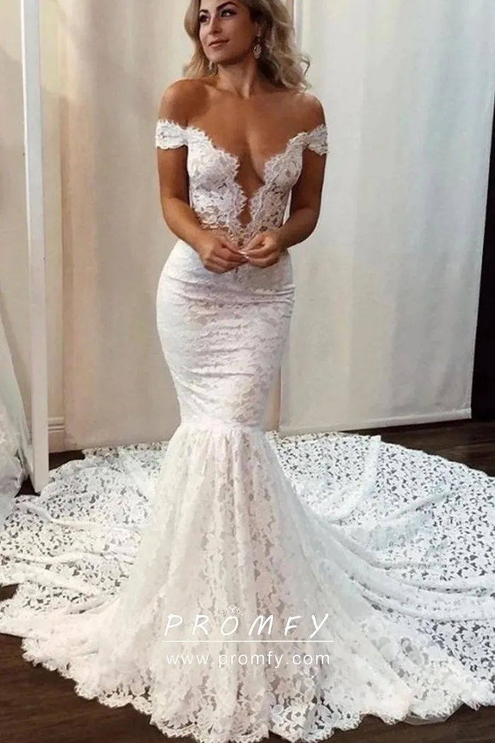 mermaid lace off the shoulder wedding dress