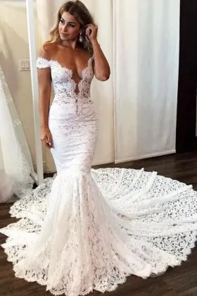 Off the Shoulder Mermaid Bridal Gown with Scalloped Lace Train Wedding  Dress – Pgmdress