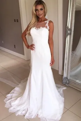 Charming illusion neckline white lace wedding dress