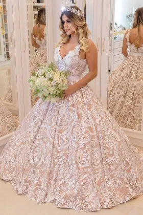 White lace overlaid nude champagne princess wedding gown
