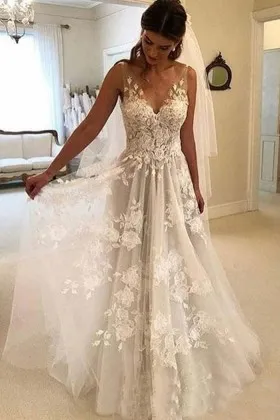 Floral lace and tulle A line long wedding dress