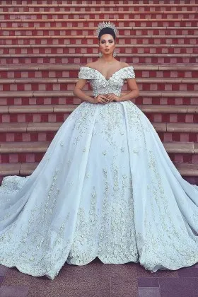 3D flowers appliqued off the shoulder wedding ball gown