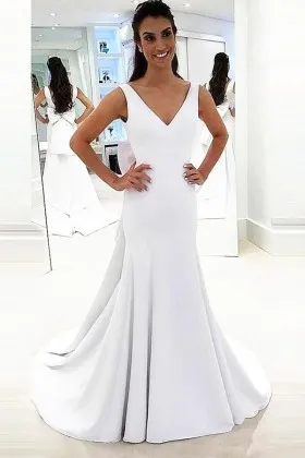 Simply white satin oversized bow long wedding dress