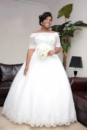 Off the shoulder beaded plus size wedding gown