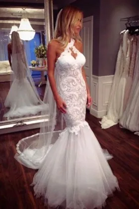 Charming halter lace and tulle mermaid wedding gown