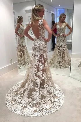 Sexy ivory lace with nude tulle sheer wedding dress