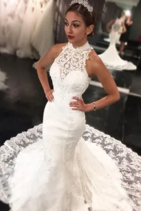 Ivory lace halter neckline mermaid wedding dress
