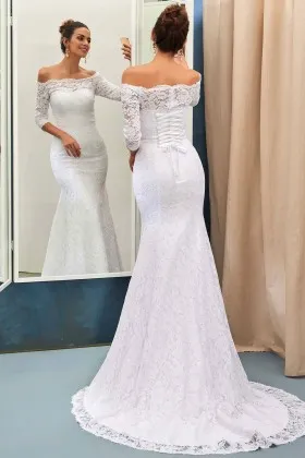 off the shoulder three quarter sleeve white lace wedding gown