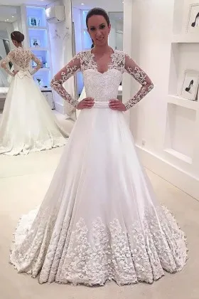 Scalloped V neck sleeves lace and satin bridal gown