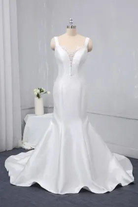 White satin plunging neckline trumpet wedding dress